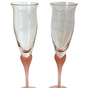 Set of 2 Mikasa Sea Mist Coral Pink Frosted Stem Champagne Flutes 9 3/8" vintage